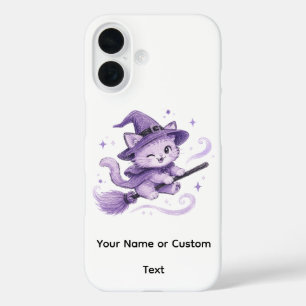 Schattige Paarse Heksenkat op Bezemsteel Halloween iPhone 16 Hoesje