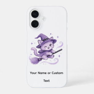 Schattige Paarse Heksenkat op Bezemsteel Halloween iPhone 16 Hoesje