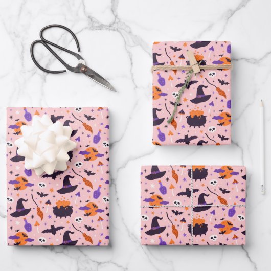 Schattige Paarse & Roze Halloween Patroon Inpakpapier Vel (Voorkant)