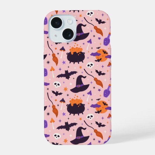 Schattige Paarse & Roze Halloween Patroon iPhone 15 Case (Achterkant)
