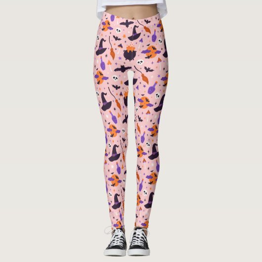 Schattige Paarse & Roze Halloween Patroon Leggings (Voorkant)