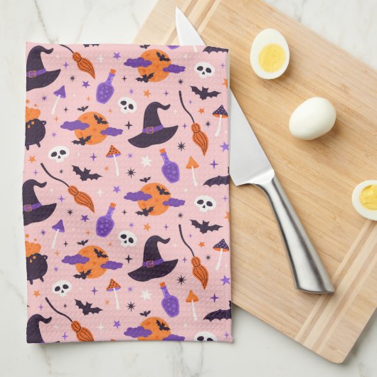 Schattige Paarse & Roze Halloween Patroon Theedoek (Quarter Fold)