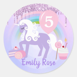 Schattige paarse & witte eenhoorn traktaties verja ronde sticker