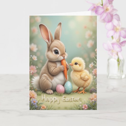 Schattige paashaas en kuiken voorjaarsgroet kaart (Orchidee)