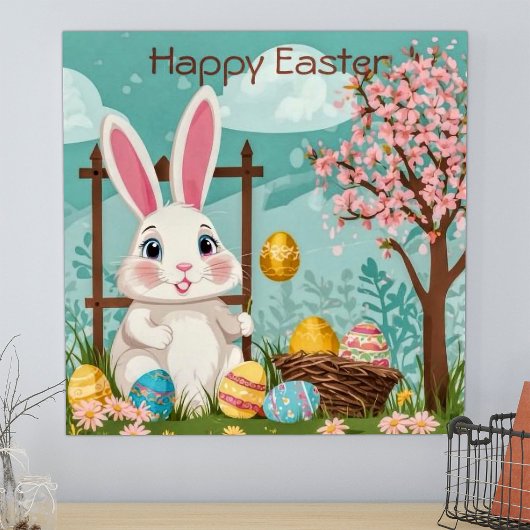 Schattige Paashaas Kleurrijke Eieren Lente Bloesem Poster