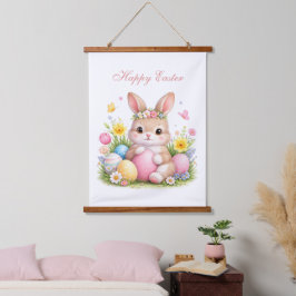 Schattige Paashaas Konijn Roze Blush Pioen Hangend Wandkleed