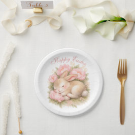 Schattige Paashaas Konijn Roze Blush Pioen Papieren Bordje