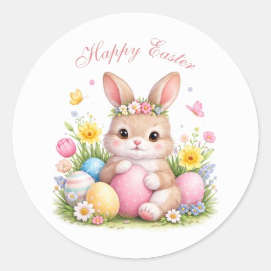 Schattige Paashaas Konijn Roze Blush Pioen Ronde Sticker (Voorkant)