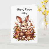 Schattige  paashaas, mand en eieren kaart (Gele Bloem)