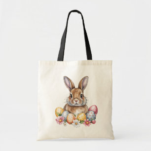 Schattige paashaas met kleurrijke eieren en lente tote bag
