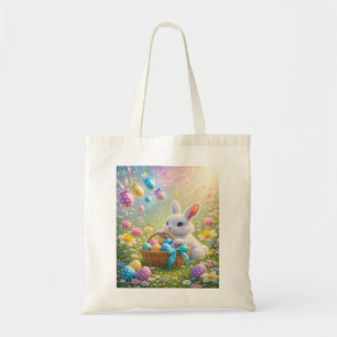 Schattige Paashaas met mand vol eieren en bloemen Tote Bag