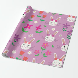 Schattige paashaas met roze paarse oranje bloemen cadeaupapier