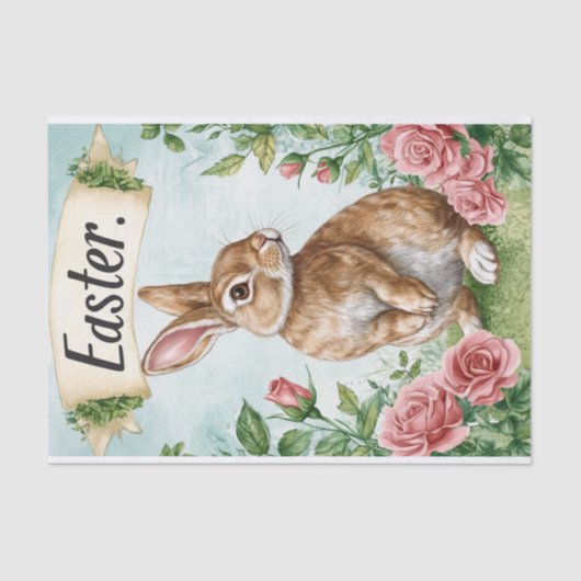 Schattige paashaas met roze rozen en een banner tissuepapier (Voorkant)