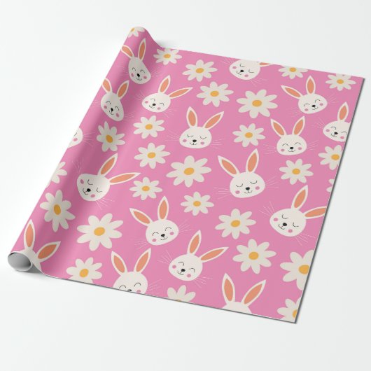 Schattige Paashaas Patroon met bloemen op roze Cadeaupapier (Uitgerold)