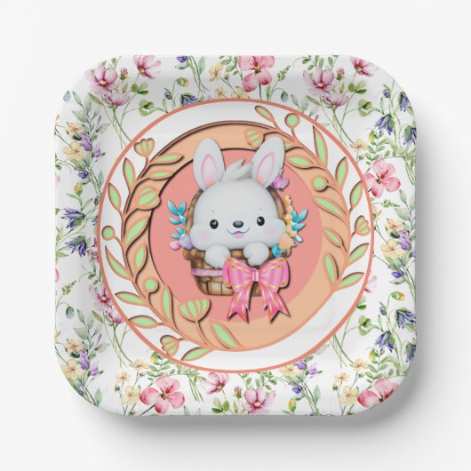 Schattige paashaas zitten in de mand papieren bordje (Voorkant)