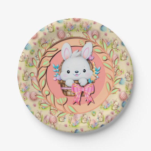 Schattige paashaas zitten in de mand papieren bordje (Voorkant)