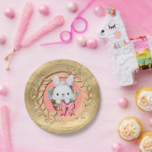 Schattige paashaas zitten in de mand papieren bordje (Feest)