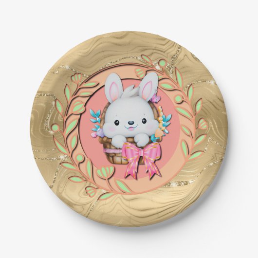 Schattige paashaas zitten in de mand papieren bordje (Voorkant)