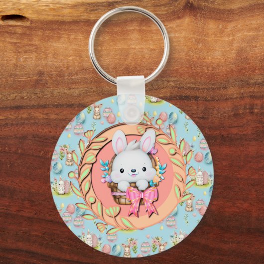 Schattige paashaas zitten in de mand sleutelhanger (Voorkant)