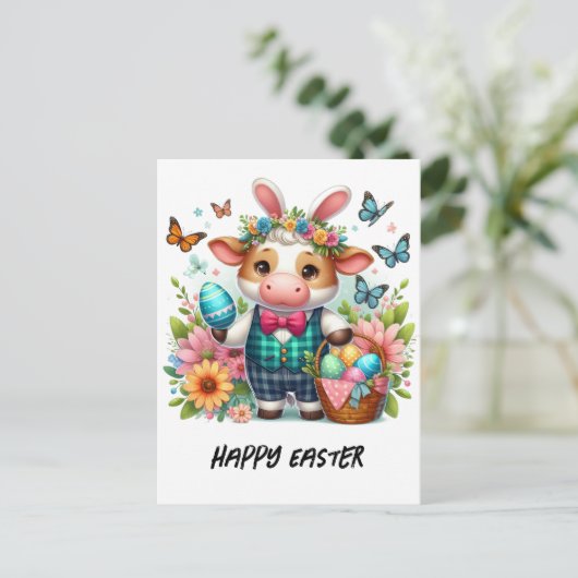Schattige paaskonijn in blauw geruite Koe Briefkaart (Staand voorkant)