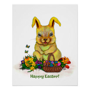 Schattige paaskonijn met eitjes en bloemen perfect poster