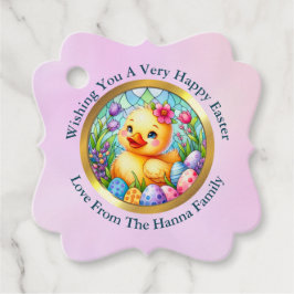 Schattige paaskuiken, bloemen en kleurrijke eieren bedankjes labels