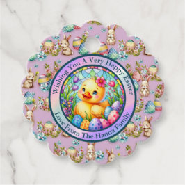 Schattige paaskuiken, bloemen en kleurrijke eieren bedankjes labels