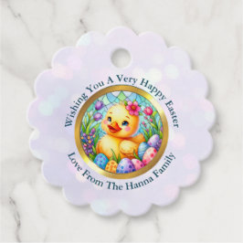 Schattige paaskuiken, bloemen en kleurrijke eieren bedankjes labels