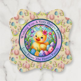 Schattige paaskuiken, bloemen en kleurrijke eieren bedankjes labels