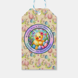 Schattige paaskuiken, bloemen en kleurrijke eieren cadeaulabel