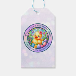 Schattige paaskuiken, bloemen en kleurrijke eieren cadeaulabel