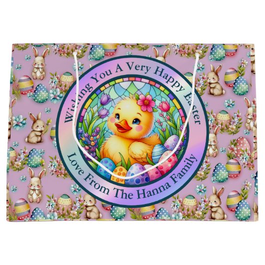 Schattige paaskuiken, bloemen en kleurrijke eieren groot cadeauzakje (Voorkant)