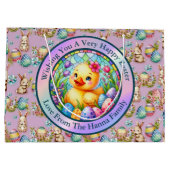 Schattige paaskuiken, bloemen en kleurrijke eieren groot cadeauzakje (Achterkant)