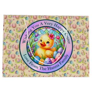 Schattige paaskuiken, bloemen en kleurrijke eieren groot cadeauzakje