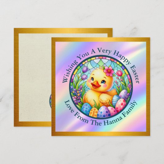 Schattige paaskuiken, bloemen en kleurrijke eieren kaart (Voorkant / Achterkant)