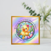 Schattige paaskuiken, bloemen en kleurrijke eieren kaart (Staand voorkant)