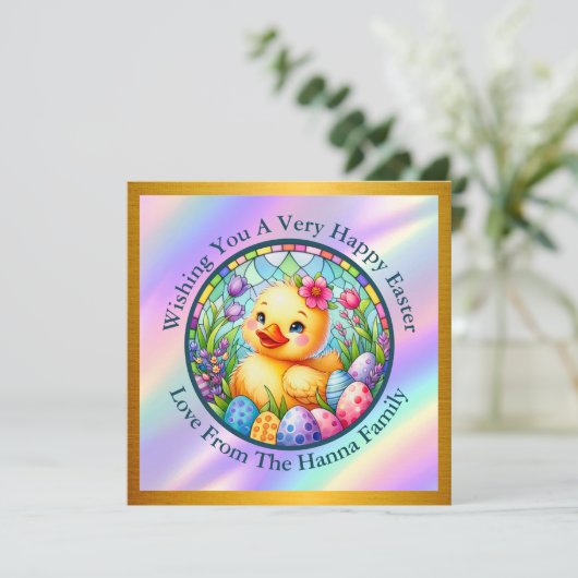 Schattige paaskuiken, bloemen en kleurrijke eieren kaart (Staand voorkant)