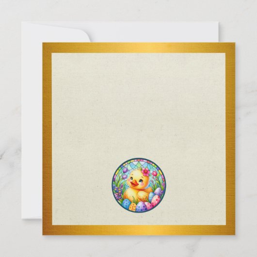 Schattige paaskuiken, bloemen en kleurrijke eieren kaart (Achterkant)