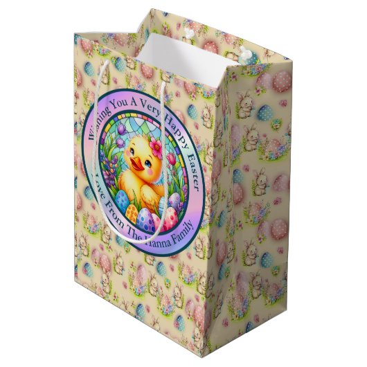 Schattige paaskuiken, bloemen en kleurrijke eieren medium cadeauzakje (Achterkant Gekanteld)