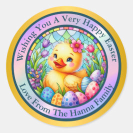 Schattige paaskuiken, bloemen en kleurrijke eieren ronde sticker