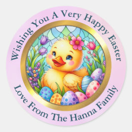 Schattige paaskuiken, bloemen en kleurrijke eieren ronde sticker