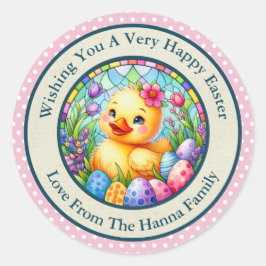 Schattige paaskuiken, bloemen en kleurrijke eieren ronde sticker