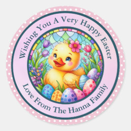 Schattige paaskuiken, bloemen en kleurrijke eieren ronde sticker