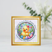 Schattige paaskuiken, bloemen en kleurrijke eieren save the date (Staand voorkant)