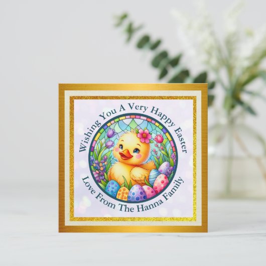 Schattige paaskuiken, bloemen en kleurrijke eieren save the date (Staand voorkant)