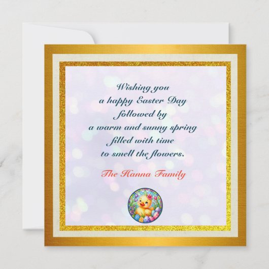 Schattige paaskuiken, bloemen en kleurrijke eieren save the date (Achterkant)