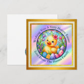 Schattige paaskuiken, bloemen en kleurrijke eieren save the date (Voorkant / Achterkant)