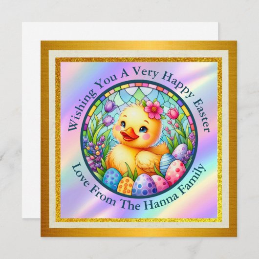 Schattige paaskuiken, bloemen en kleurrijke eieren save the date (Voorkant / Achterkant)