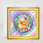 Schattige paaskuiken, bloemen en kleurrijke eieren save the date (Voorkant)