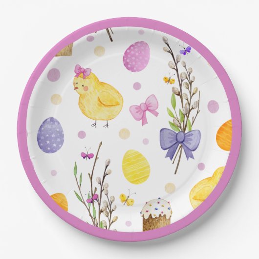 Schattige paaskuiken & eierpastel papieren bordje (Voorkant)
